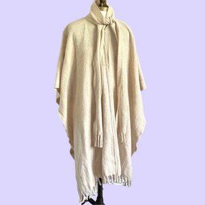 Mexican Ivory Wool Fringed Blanket Cape w/ Scarf Coat - O/S, Reversible